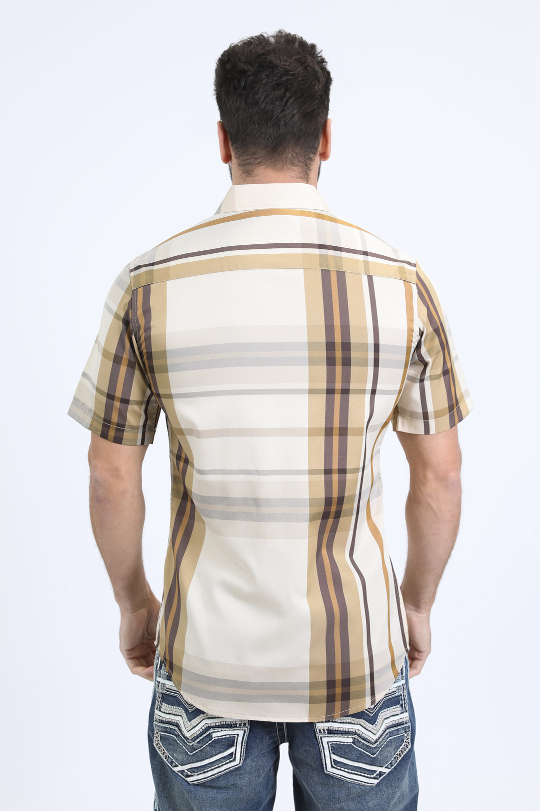 Mens Checkered Short Sleeve Beige Shirt