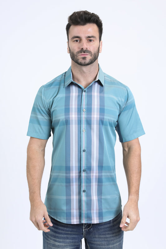 Mens Checkered Short Sleeve Blue Shirt