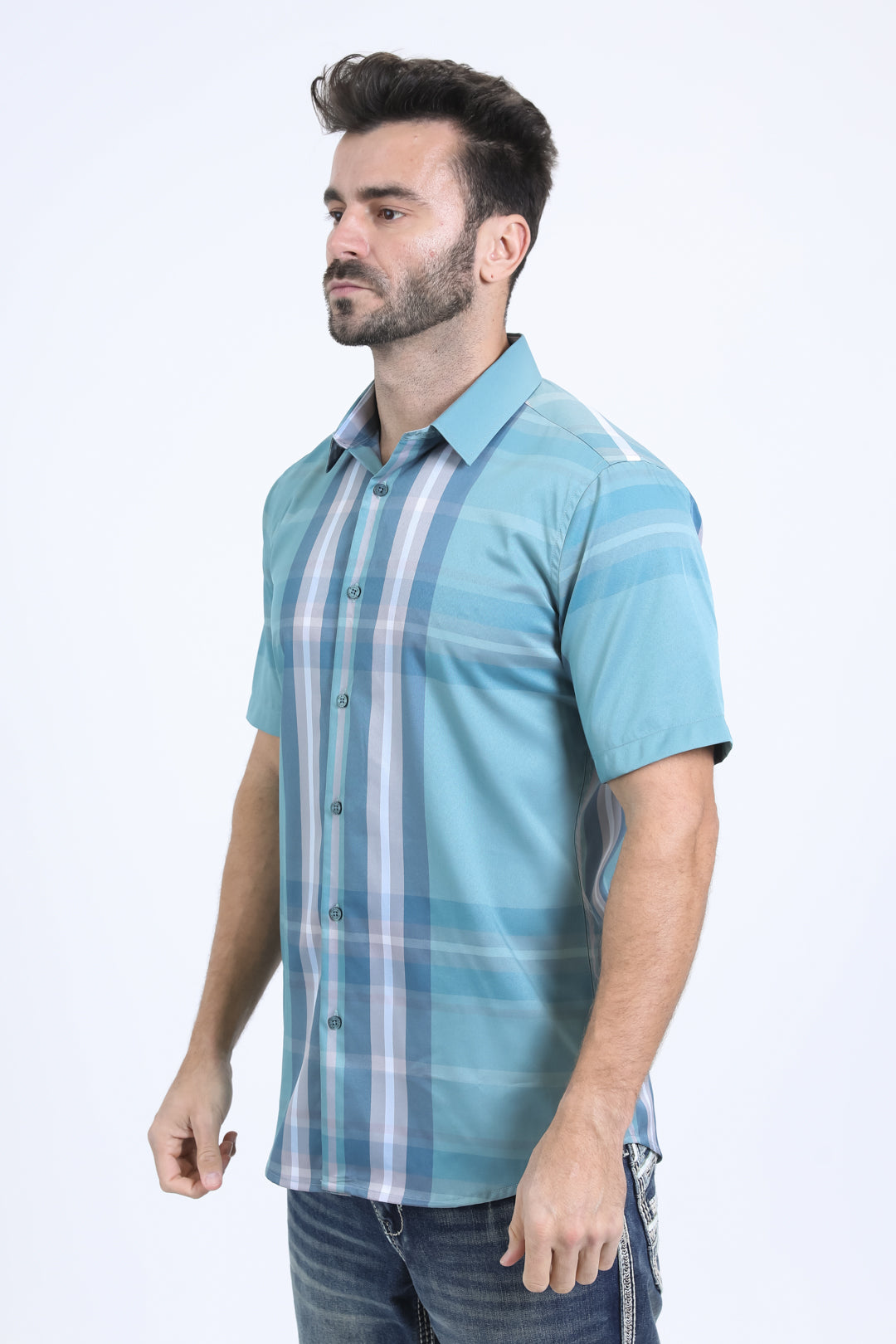 Mens Checkered Short Sleeve Blue Shirt