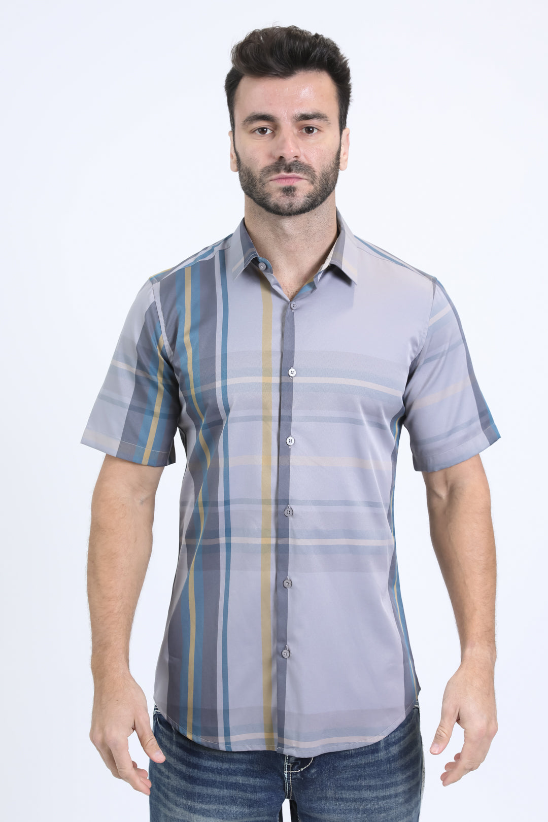 Mens Checkered Short Sleeve Lt. Grey Shirt