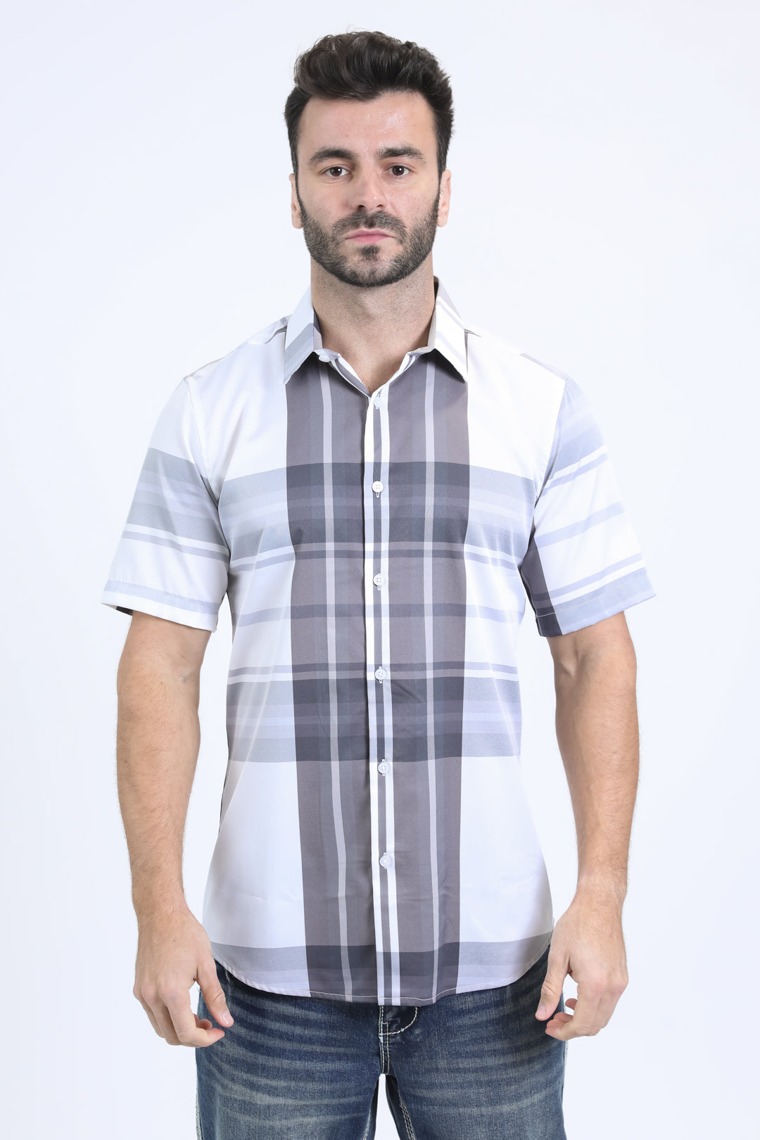 Mens Checkered Short Sleeve White Shirt