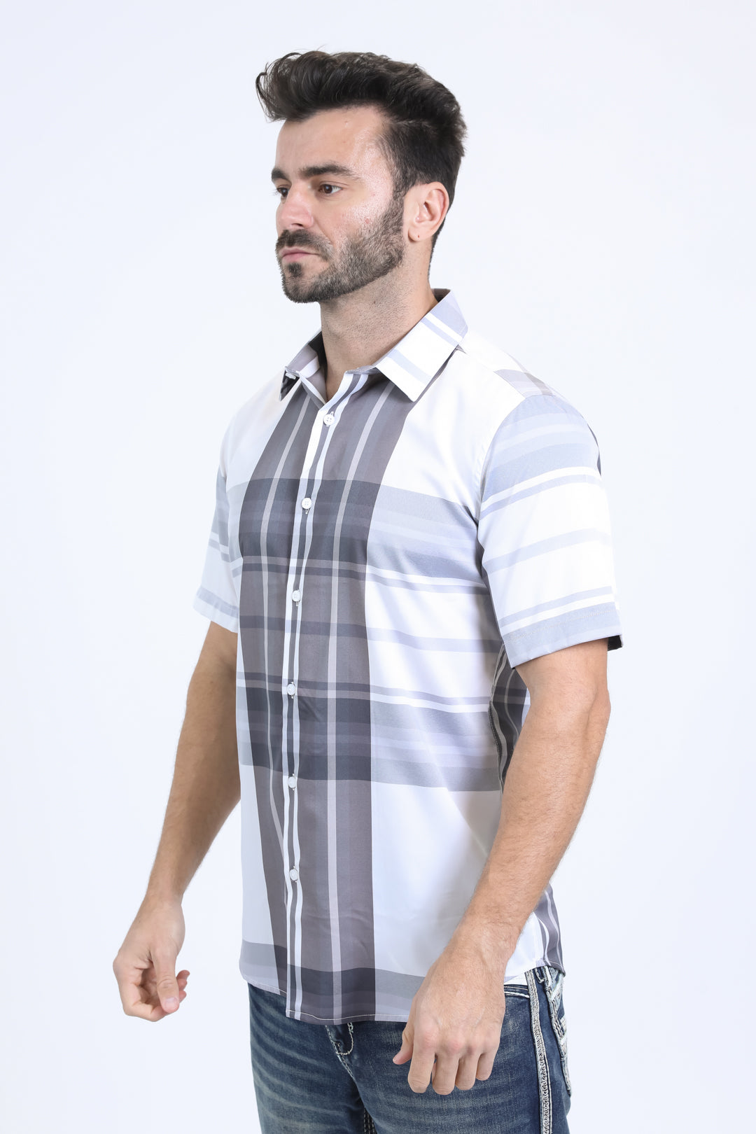 Mens Checkered Short Sleeve White Shirt