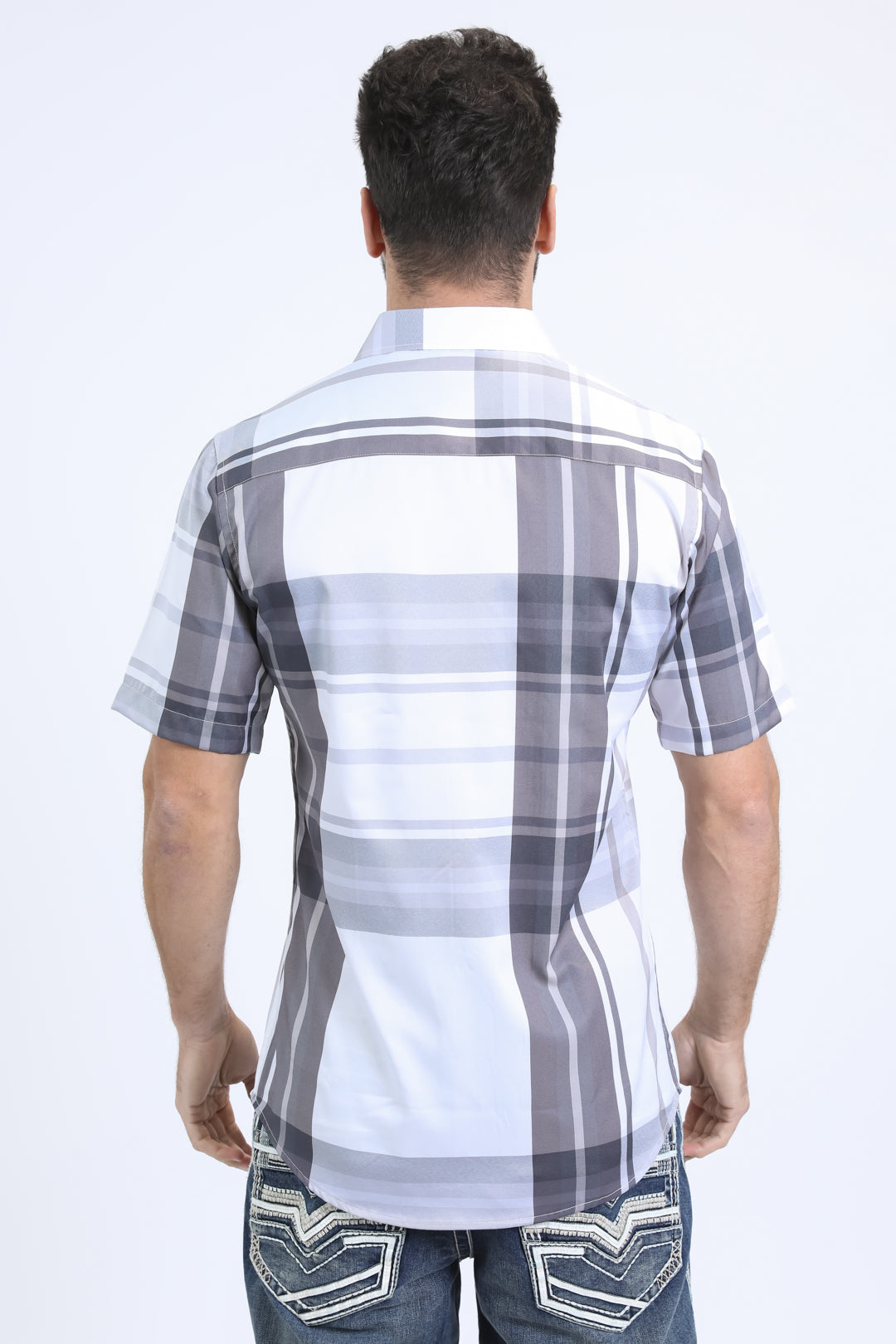 Mens Checkered Short Sleeve White Shirt