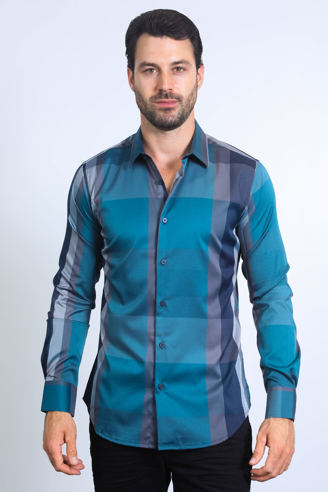 Mens Checkered Teal Long Sleeve Shirts