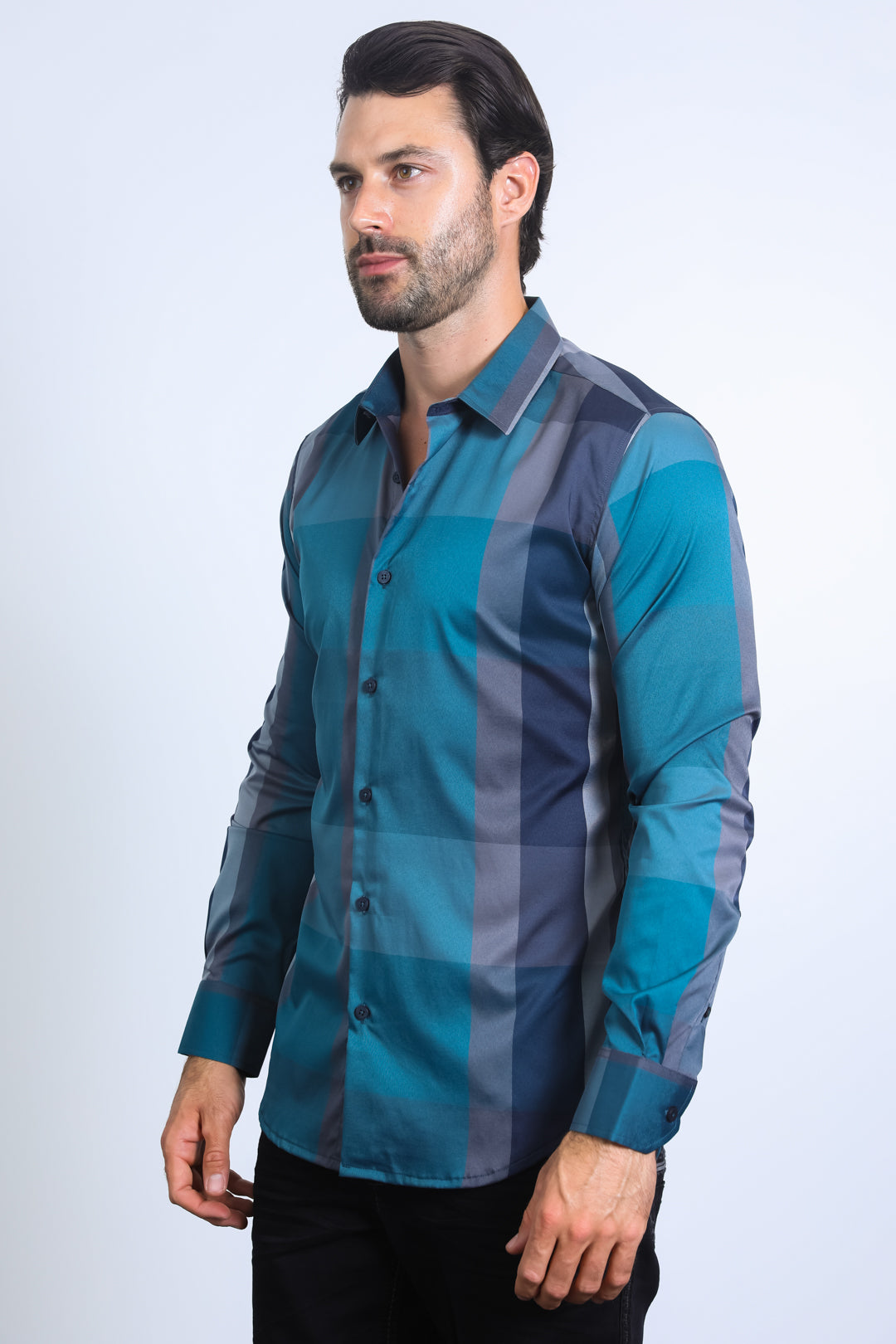 Mens Checkered Teal Long Sleeve Shirts