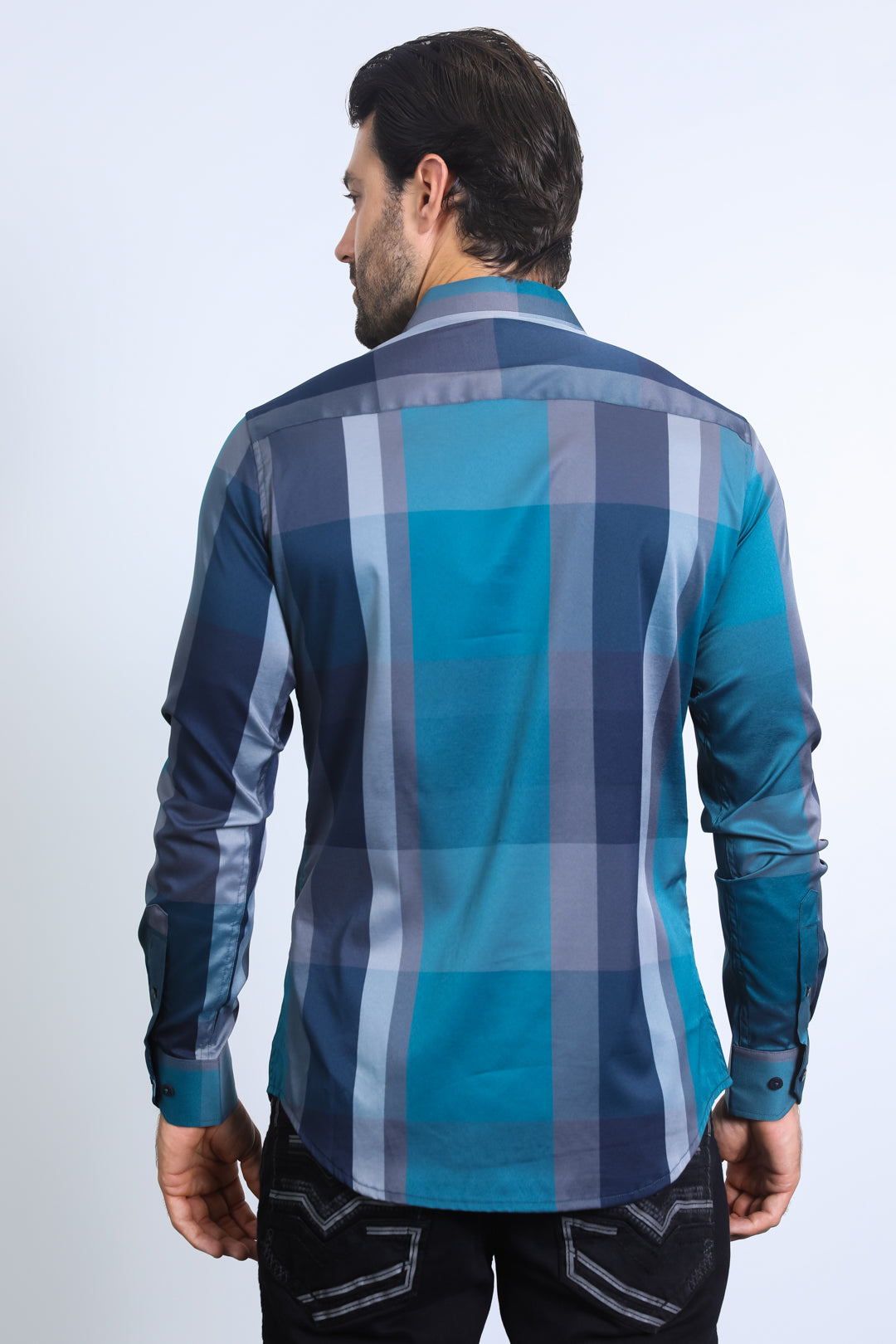 Mens Checkered Teal Long Sleeve Shirts