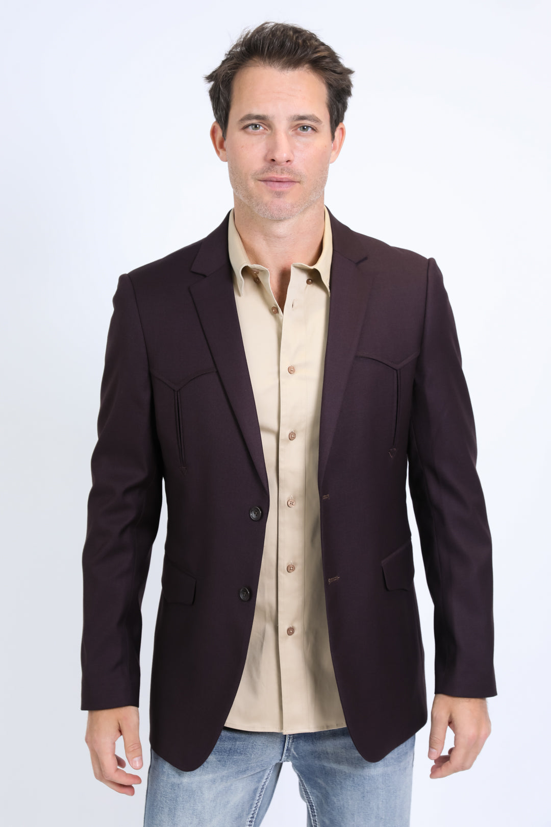 Men's Double Button Western Burgundy Blazer