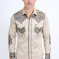 Mens Embroidery Modern Fit Stretch Beige Long Sleeve Shirt