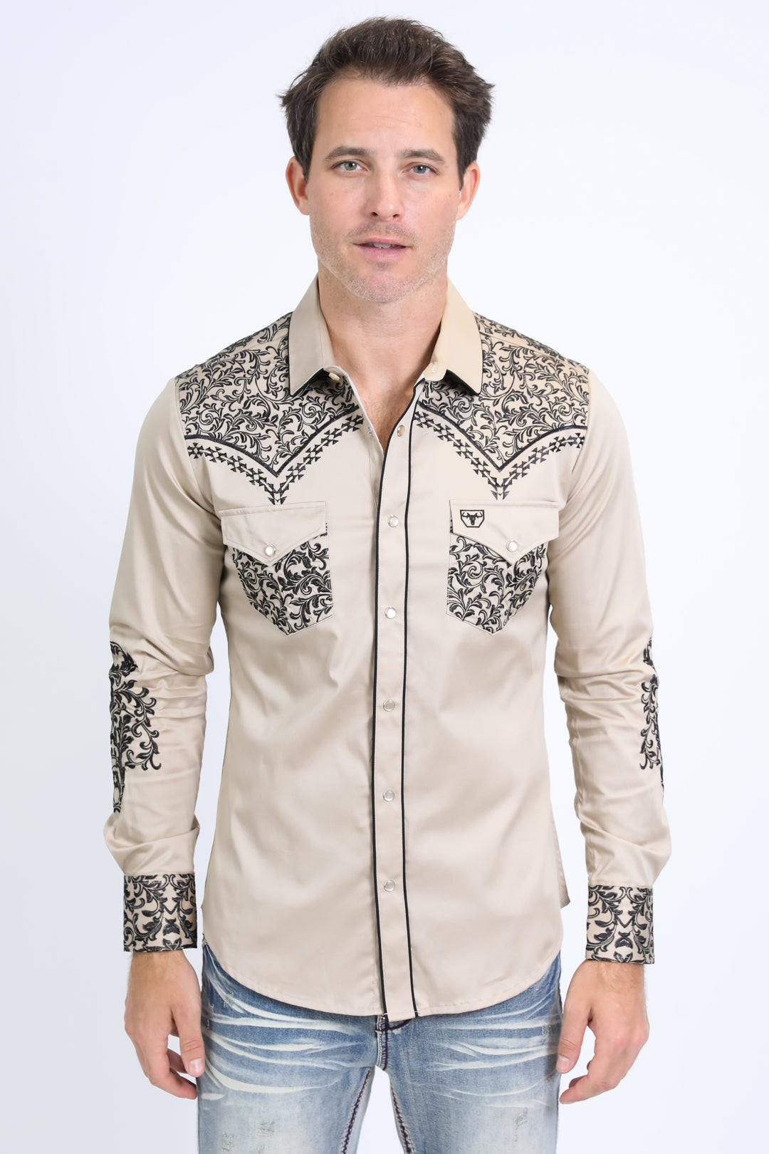 Mens Embroidery Modern Fit Stretch Beige Long Sleeve Shirt