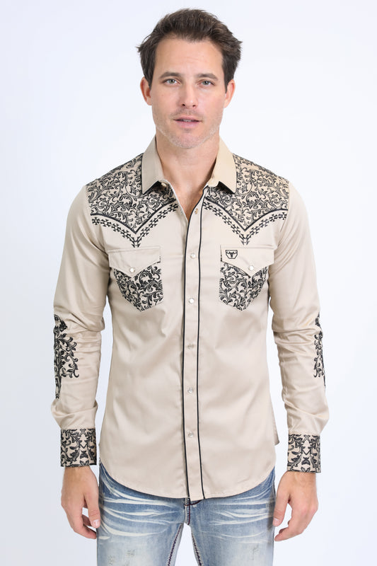 Mens Embroidery Modern Fit Stretch Beige Long Sleeve Shirt