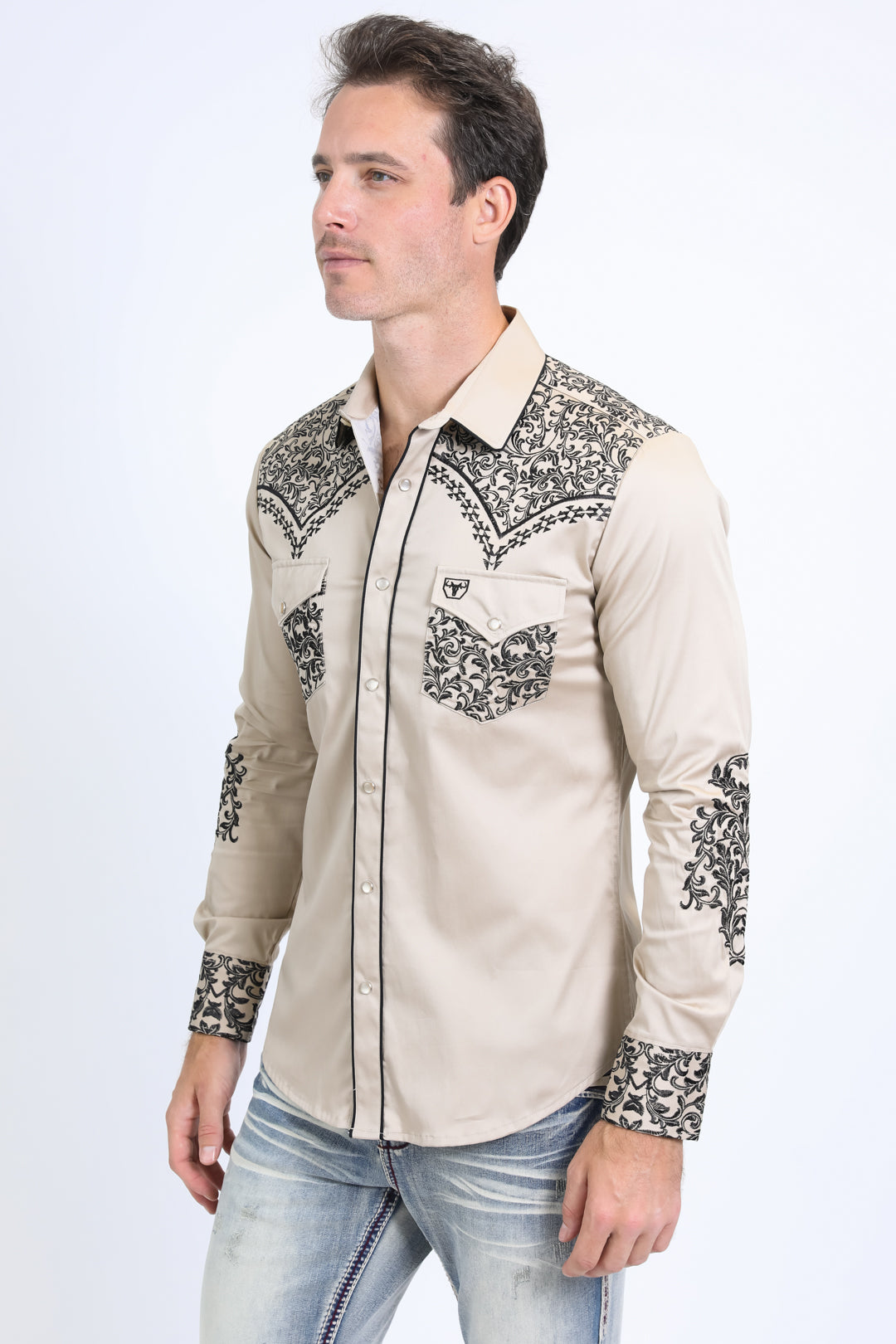 Mens Embroidery Modern Fit Stretch Beige Long Sleeve Shirt