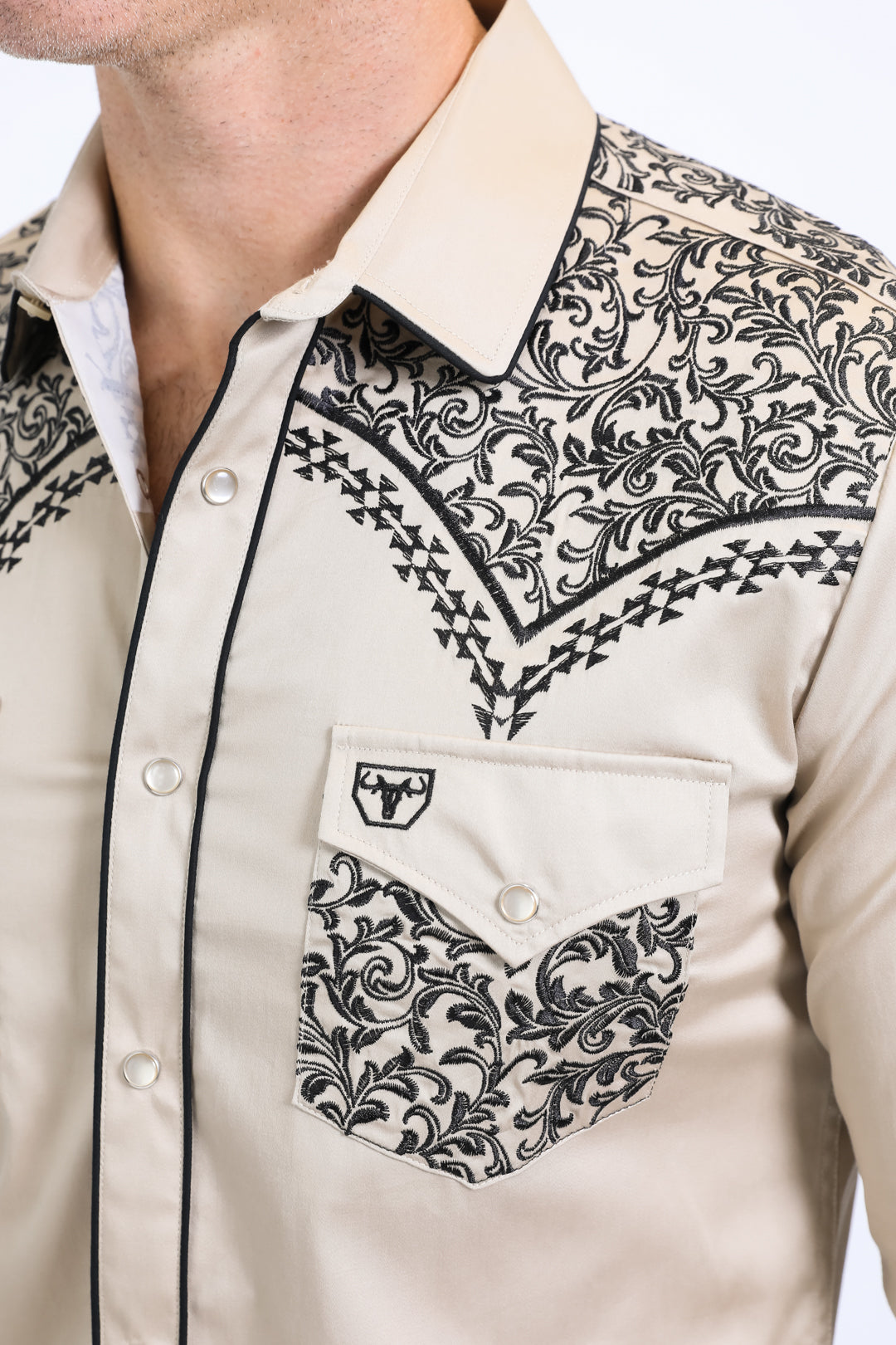 Mens Embroidery Modern Fit Stretch Beige Long Sleeve Shirt