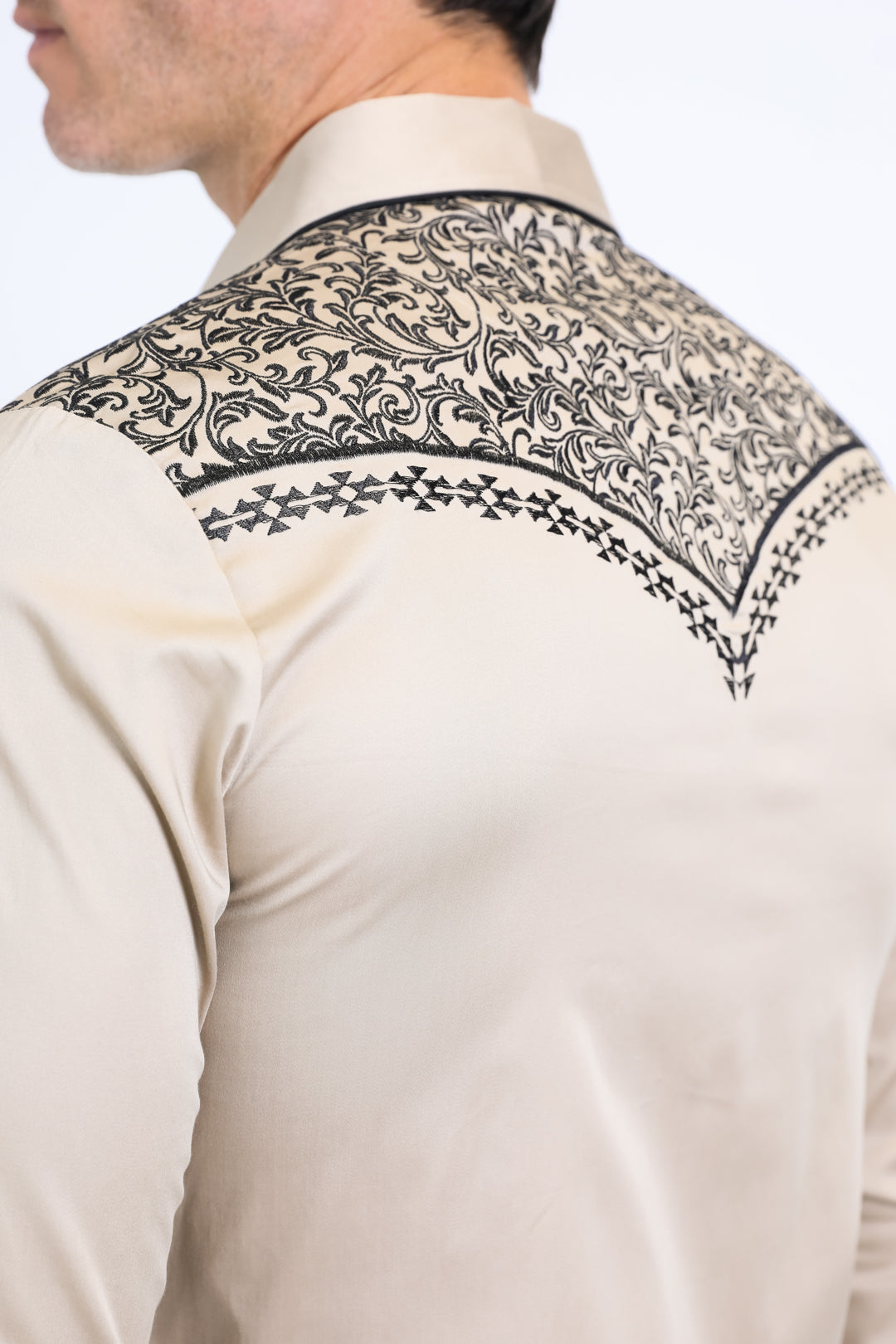 Mens Embroidery Modern Fit Stretch Beige Long Sleeve Shirt