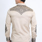 Mens Embroidery Modern Fit Stretch Beige Long Sleeve Shirt