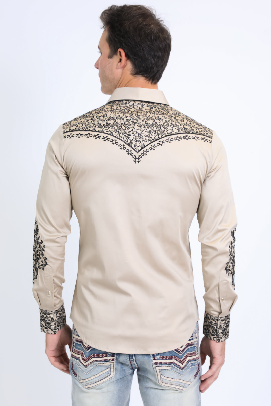 Mens Embroidery Modern Fit Stretch Beige Long Sleeve Shirt