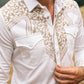 Mens Embroidery Modern Fit Stretch Beige Long Sleeve Shirt