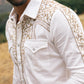 Mens Embroidery Modern Fit Stretch Beige Long Sleeve Shirt