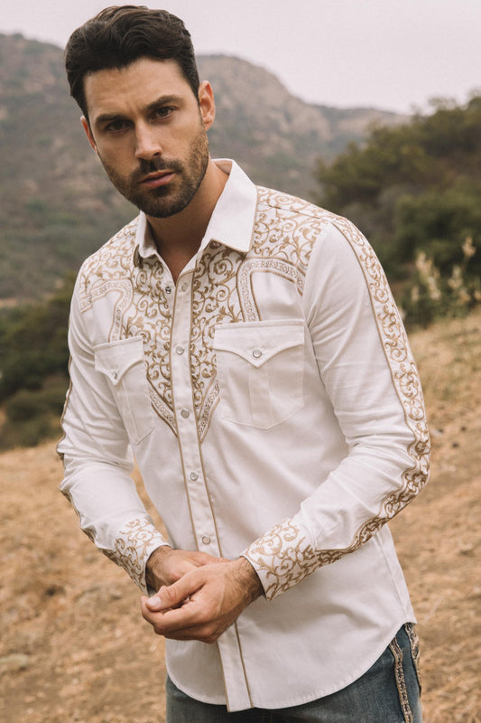 Mens Embroidery Modern Fit Stretch Beige Long Sleeve Shirt