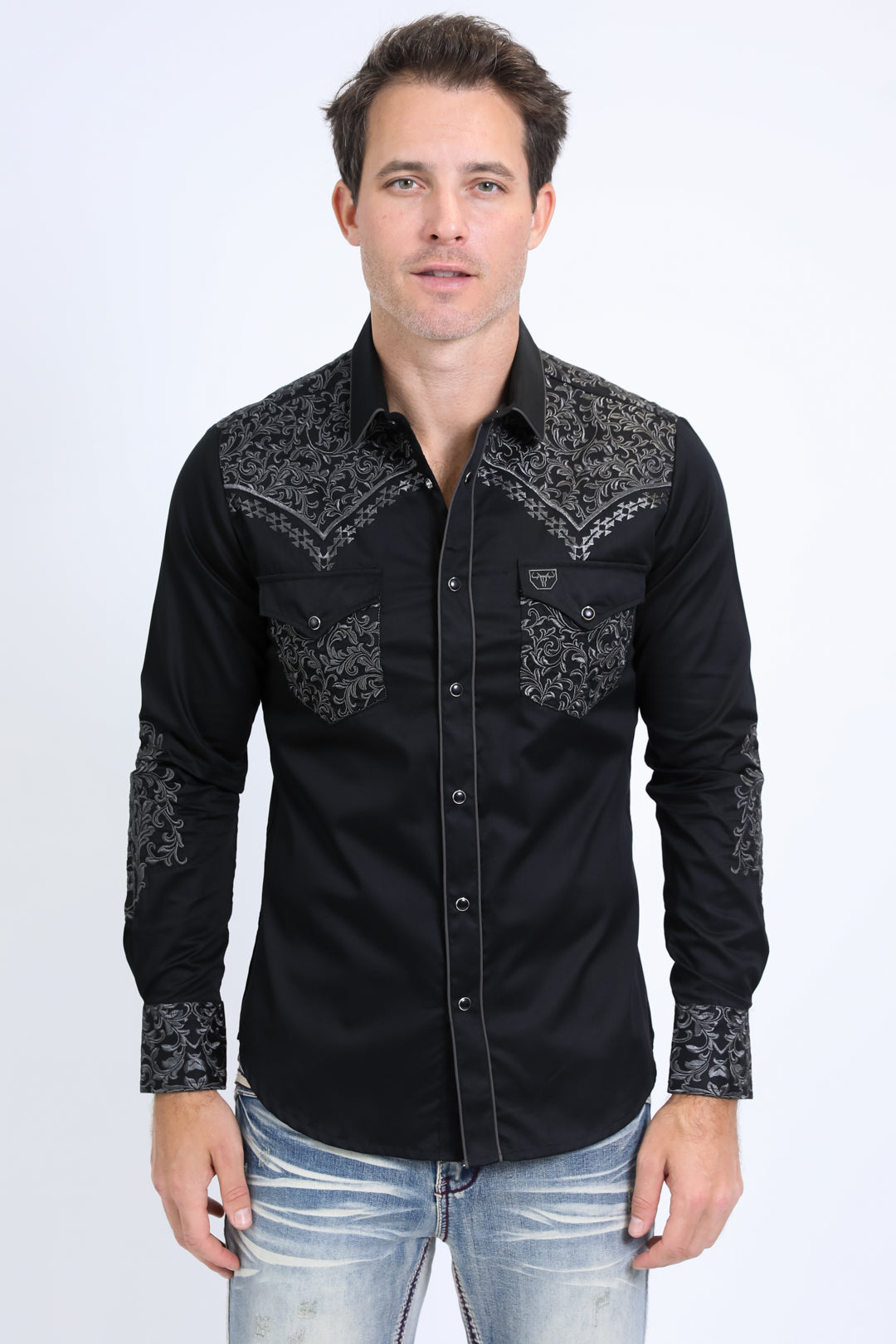 Mens Embroidery Modern Fit Stretch Black/Grey Long Sleeve Shirt