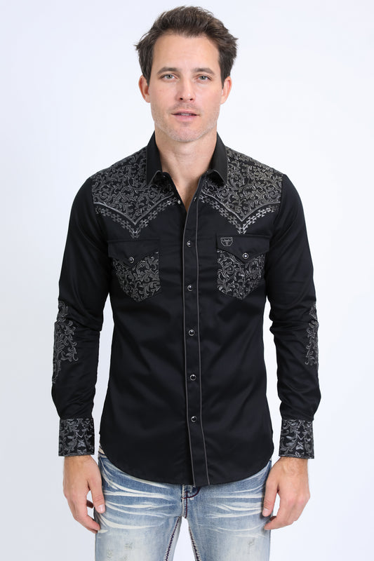 Mens Embroidery Modern Fit Stretch Black/Grey Long Sleeve Shirt