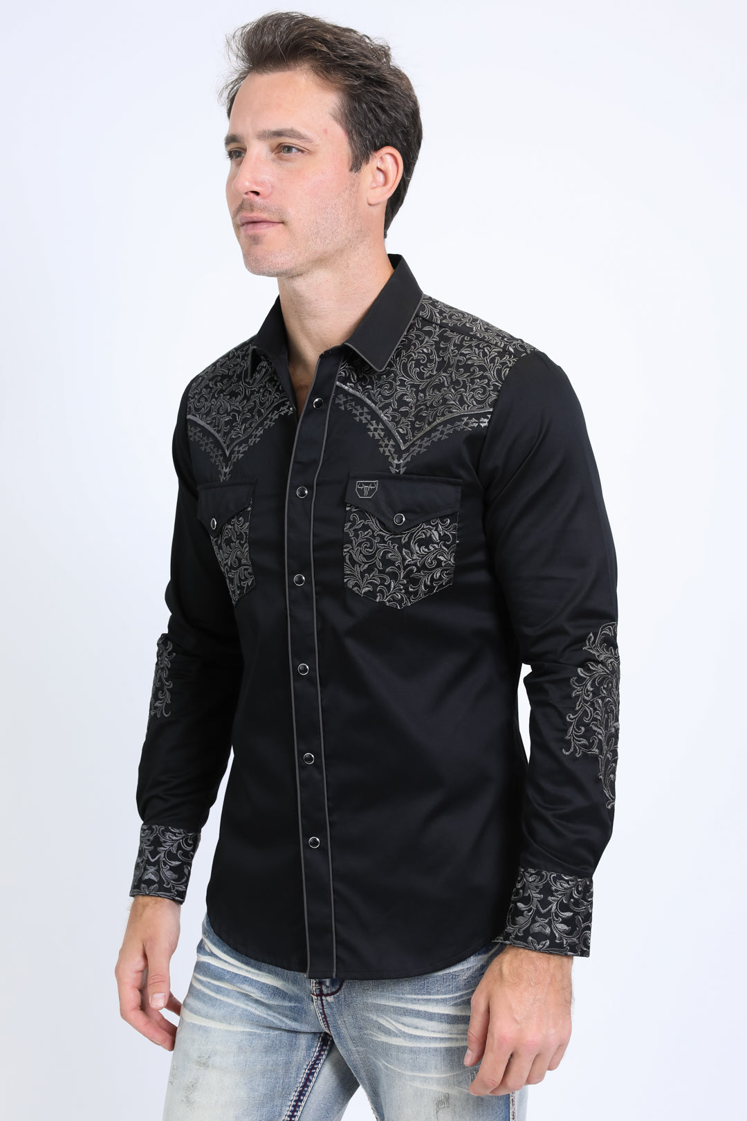 Mens Embroidery Modern Fit Stretch Black/Grey Long Sleeve Shirt