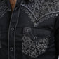 Mens Embroidery Modern Fit Stretch Black/Grey Long Sleeve Shirt