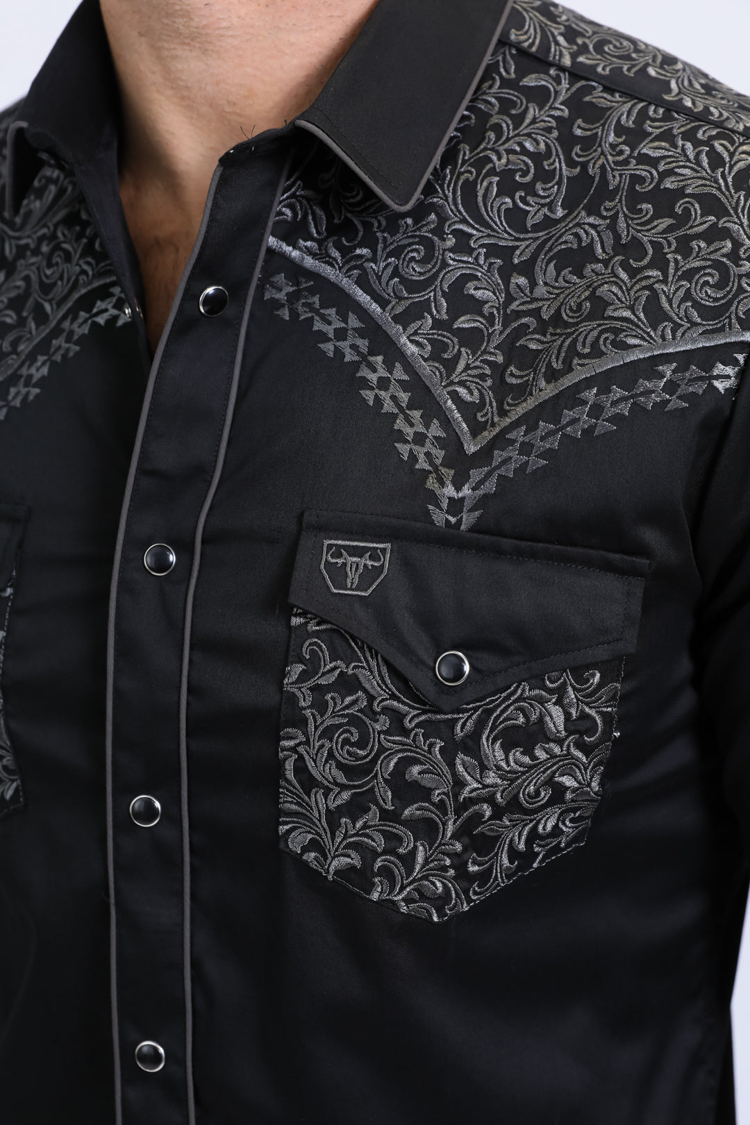 Mens Embroidery Modern Fit Stretch Black/Grey Long Sleeve Shirt