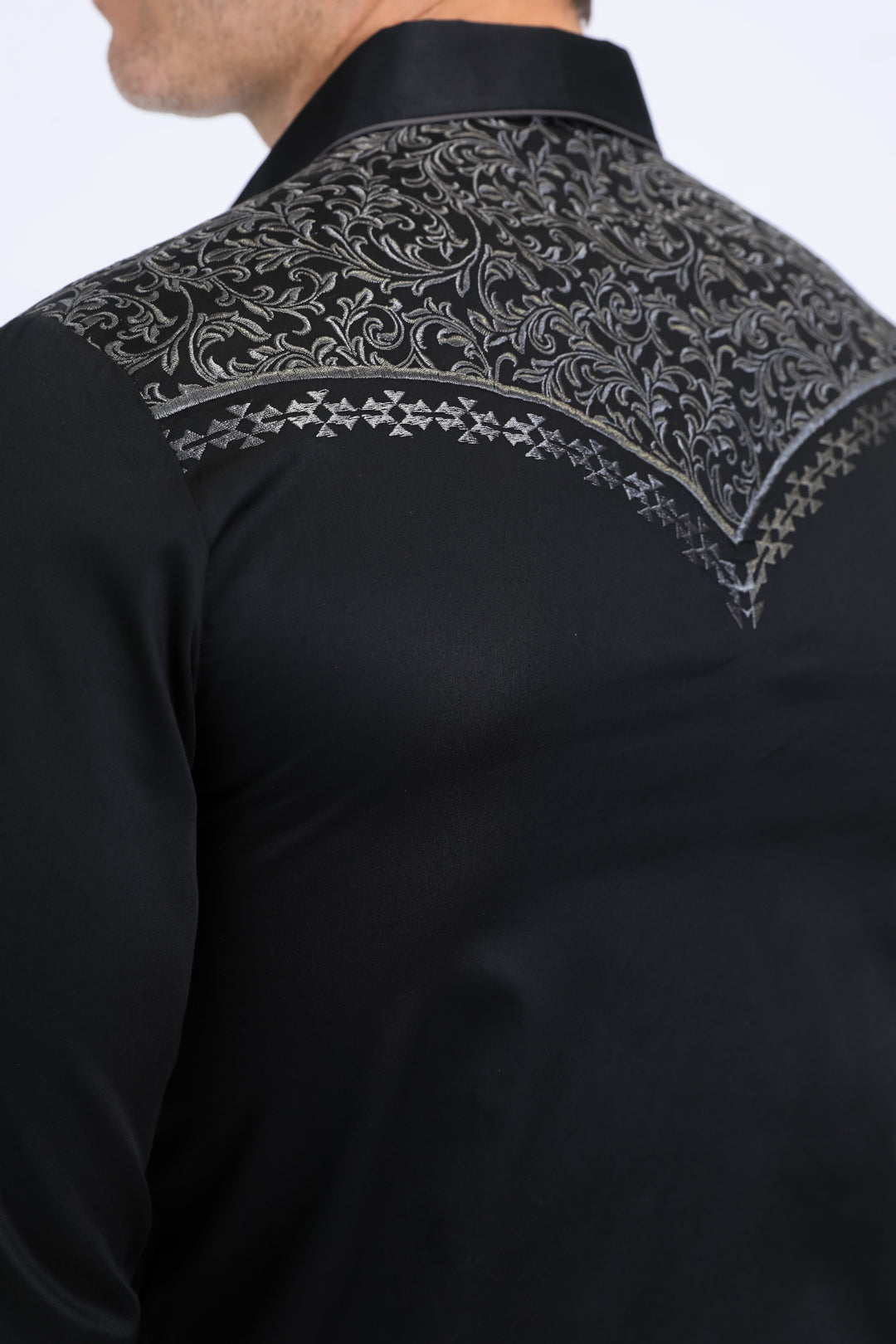 Mens Embroidery Modern Fit Stretch Black/Grey Long Sleeve Shirt