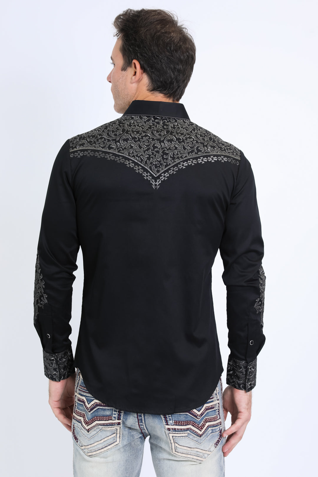 Mens Embroidery Modern Fit Stretch Black/Grey Long Sleeve Shirt