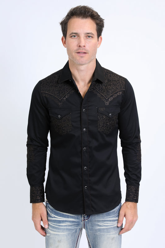 Mens Embroidery Modern Fit Stretch Black-Brown Long Sleeve Shirt