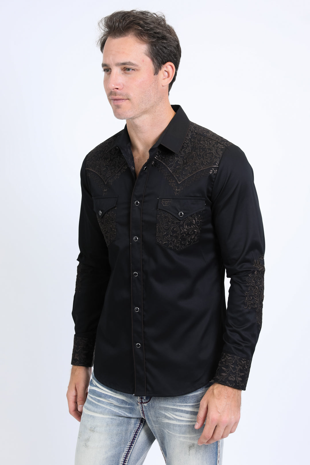 Mens Embroidery Modern Fit Stretch Black-Brown Long Sleeve Shirt