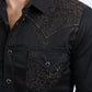 Mens Embroidery Modern Fit Stretch Black-Brown Long Sleeve Shirt