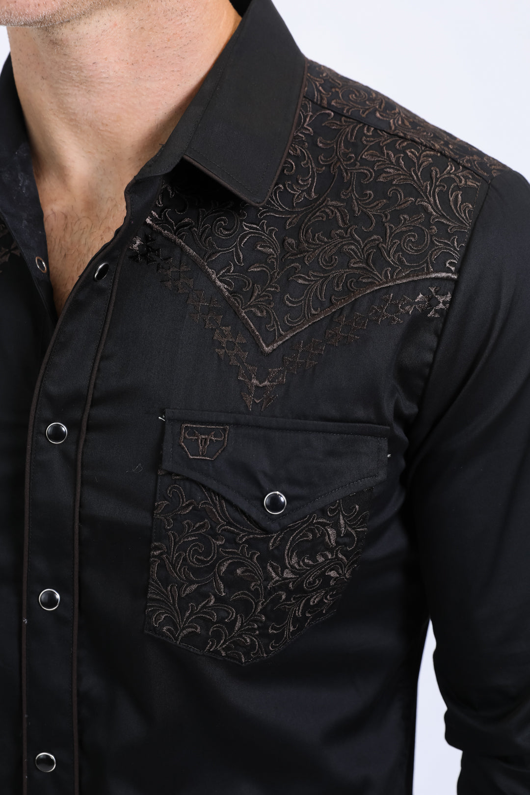 Mens Embroidery Modern Fit Stretch Black-Brown Long Sleeve Shirt