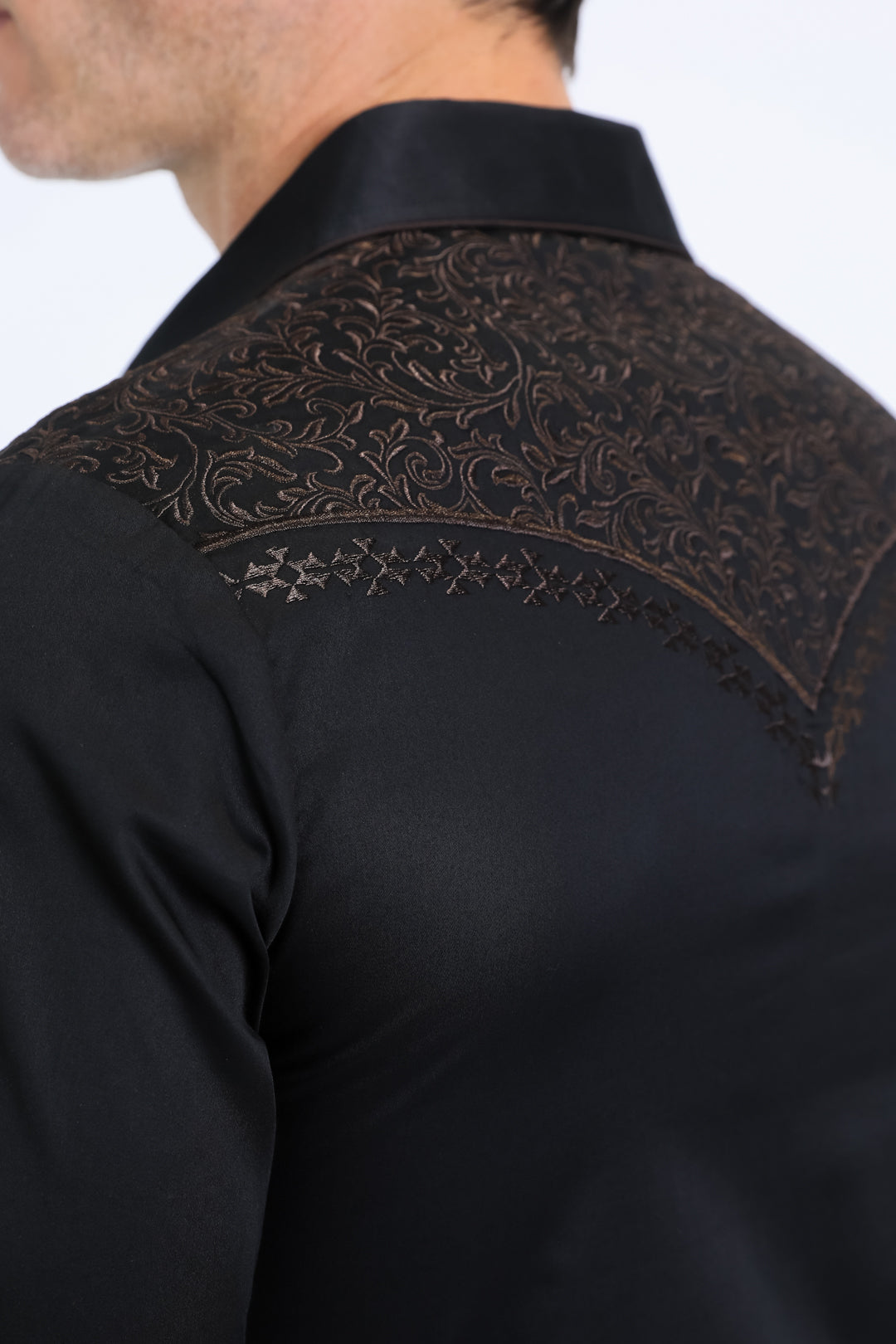 Mens Embroidery Modern Fit Stretch Black-Brown Long Sleeve Shirt