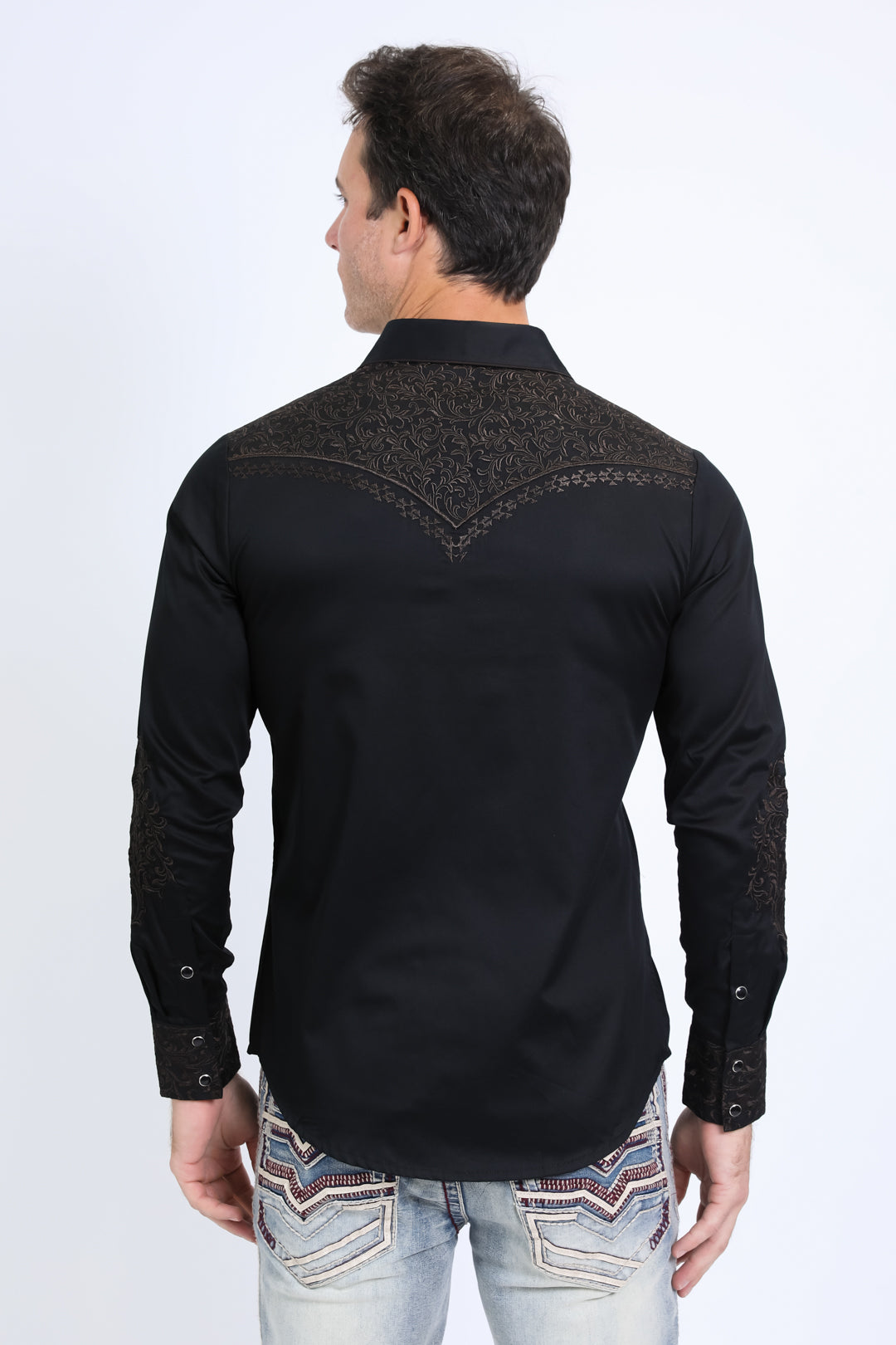 Mens Embroidery Modern Fit Stretch Black-Brown Long Sleeve Shirt