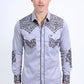 Mens Embroidery Modern Fit Stretch Grey Long Sleeve Shirt