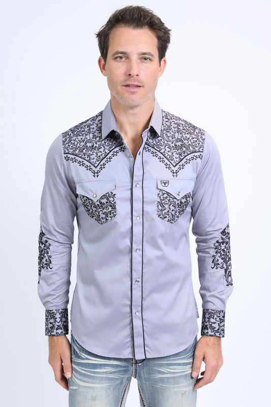 Mens Embroidery Modern Fit Stretch Grey Long Sleeve Shirt