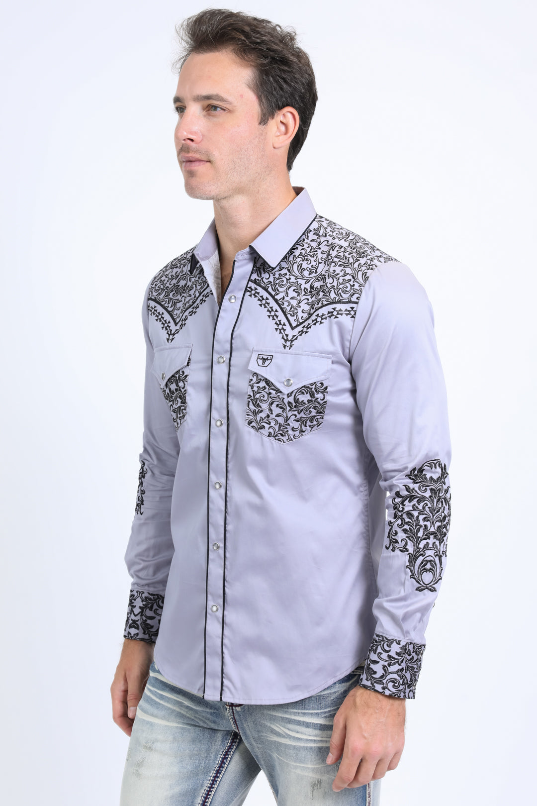 Mens Embroidery Modern Fit Stretch Grey Long Sleeve Shirt