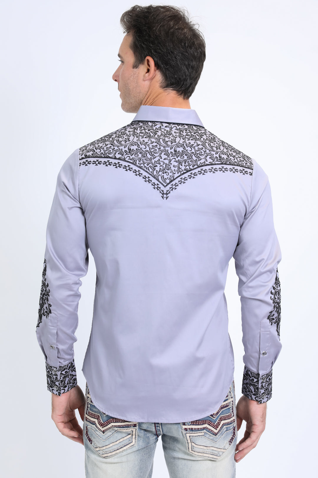 Mens Embroidery Modern Fit Stretch Grey Long Sleeve Shirt