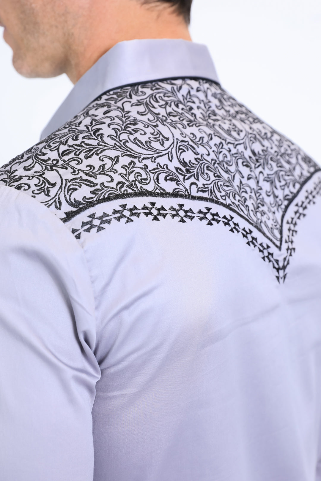 Mens Embroidery Modern Fit Stretch Grey Long Sleeve Shirt