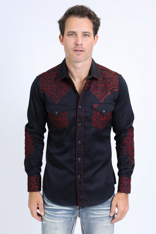 Mens Embroidery Modern Fit Stretch Navy Long Sleeve Shirt