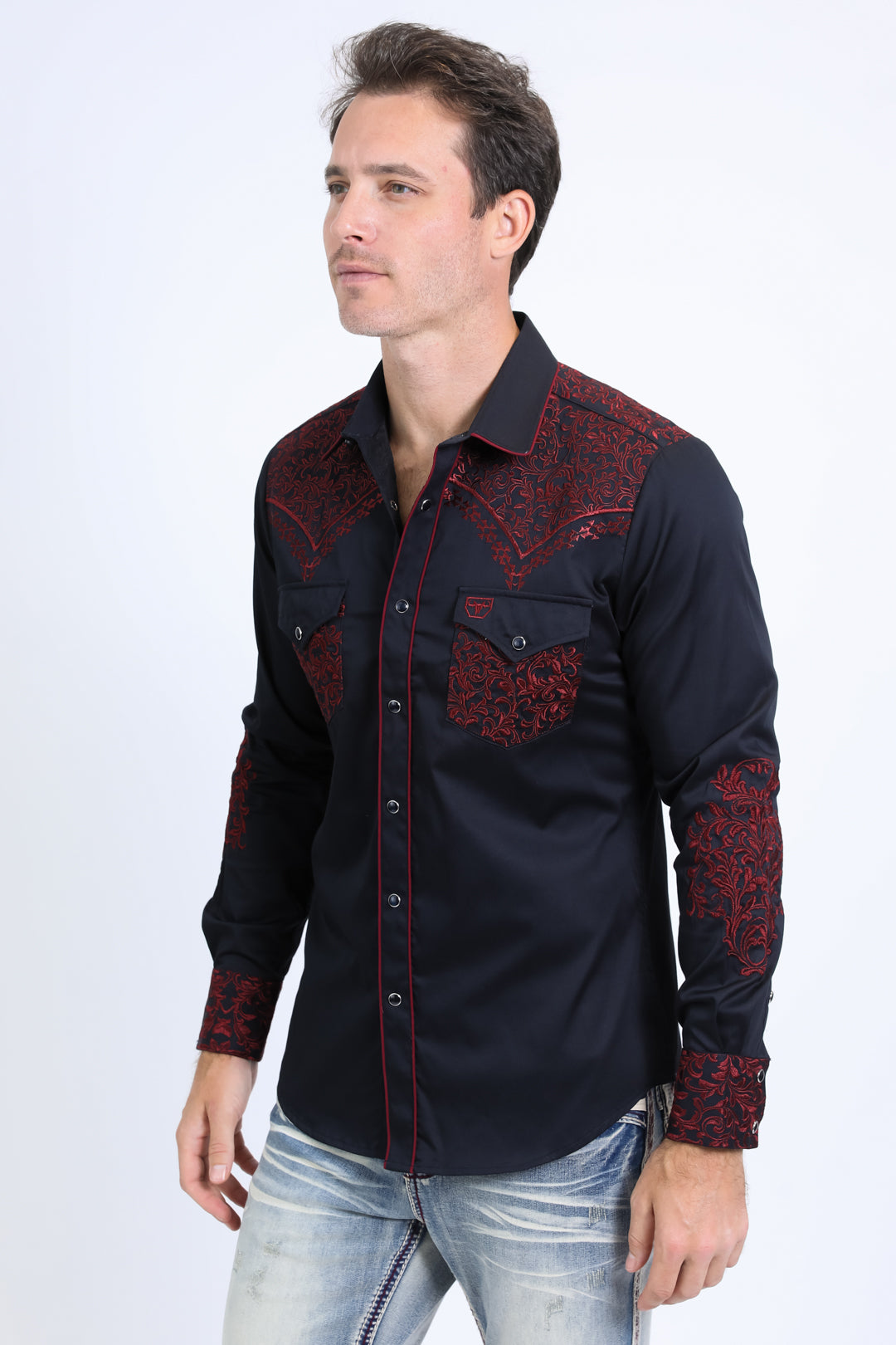 Mens Embroidery Modern Fit Stretch Navy Long Sleeve Shirt