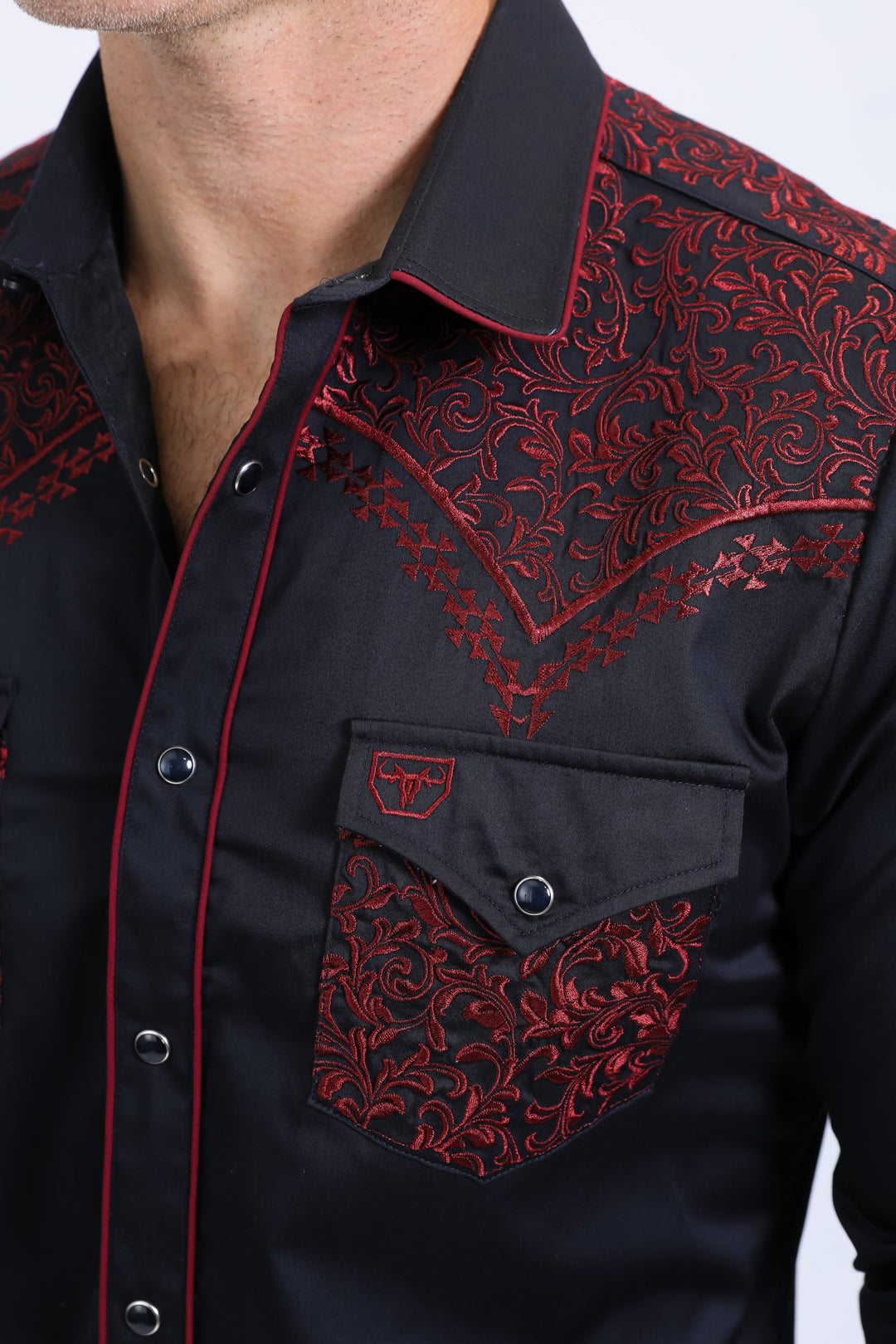 Mens Embroidery Modern Fit Stretch Navy Long Sleeve Shirt