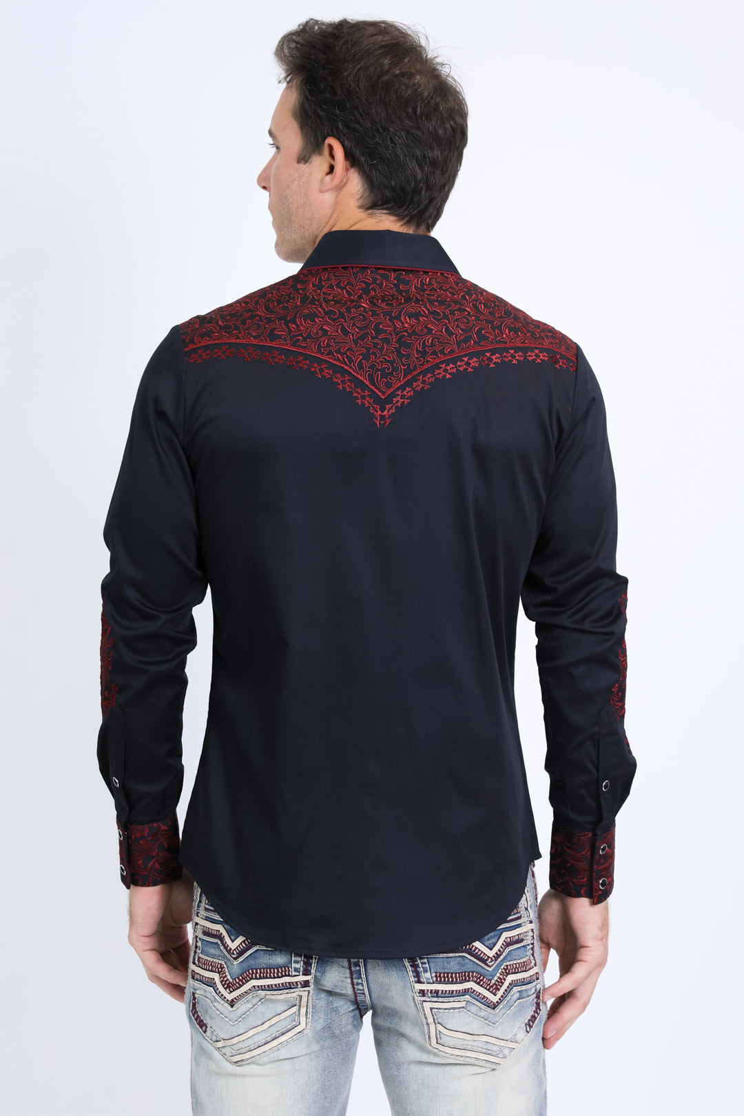 Mens Embroidery Modern Fit Stretch Navy Long Sleeve Shirt