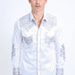 Mens Embroidery Modern Fit Stretch White Long Sleeve Shirt