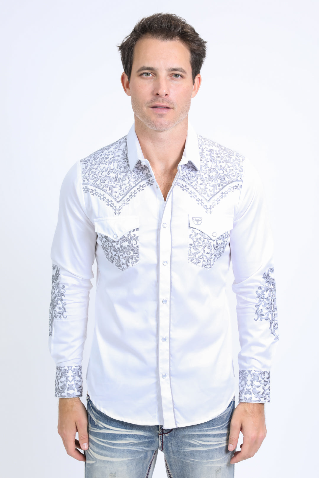 Mens Embroidery Modern Fit Stretch White Long Sleeve Shirt