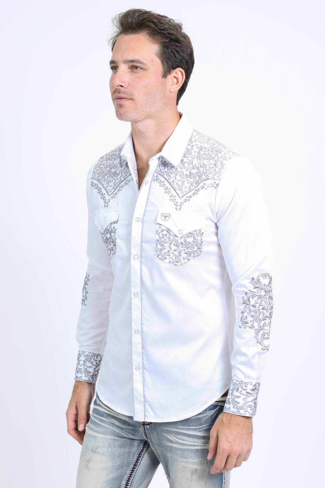 Mens Embroidery Modern Fit Stretch White Long Sleeve Shirt