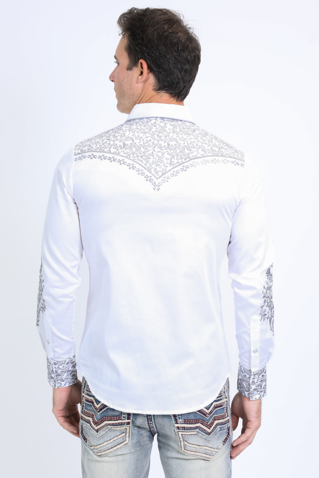 Mens Embroidery Modern Fit Stretch White Long Sleeve Shirt