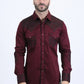 Mens Embroidery Modern Fit Stretch Wine Long Sleeve Shirt