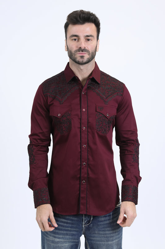 Mens Embroidery Modern Fit Stretch Wine Long Sleeve Shirt